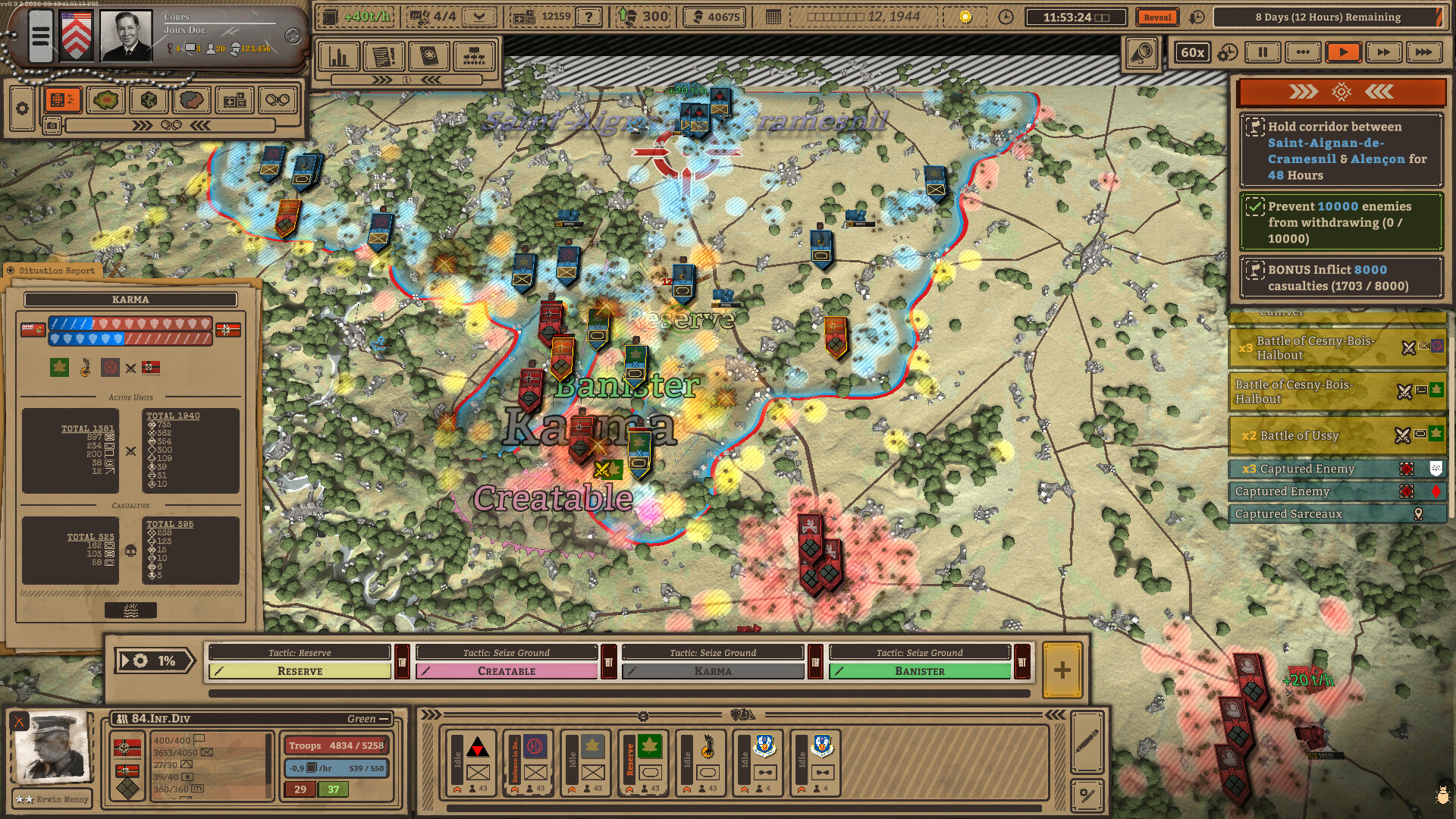 Map near Alençon with colored zones and a 60x clock.